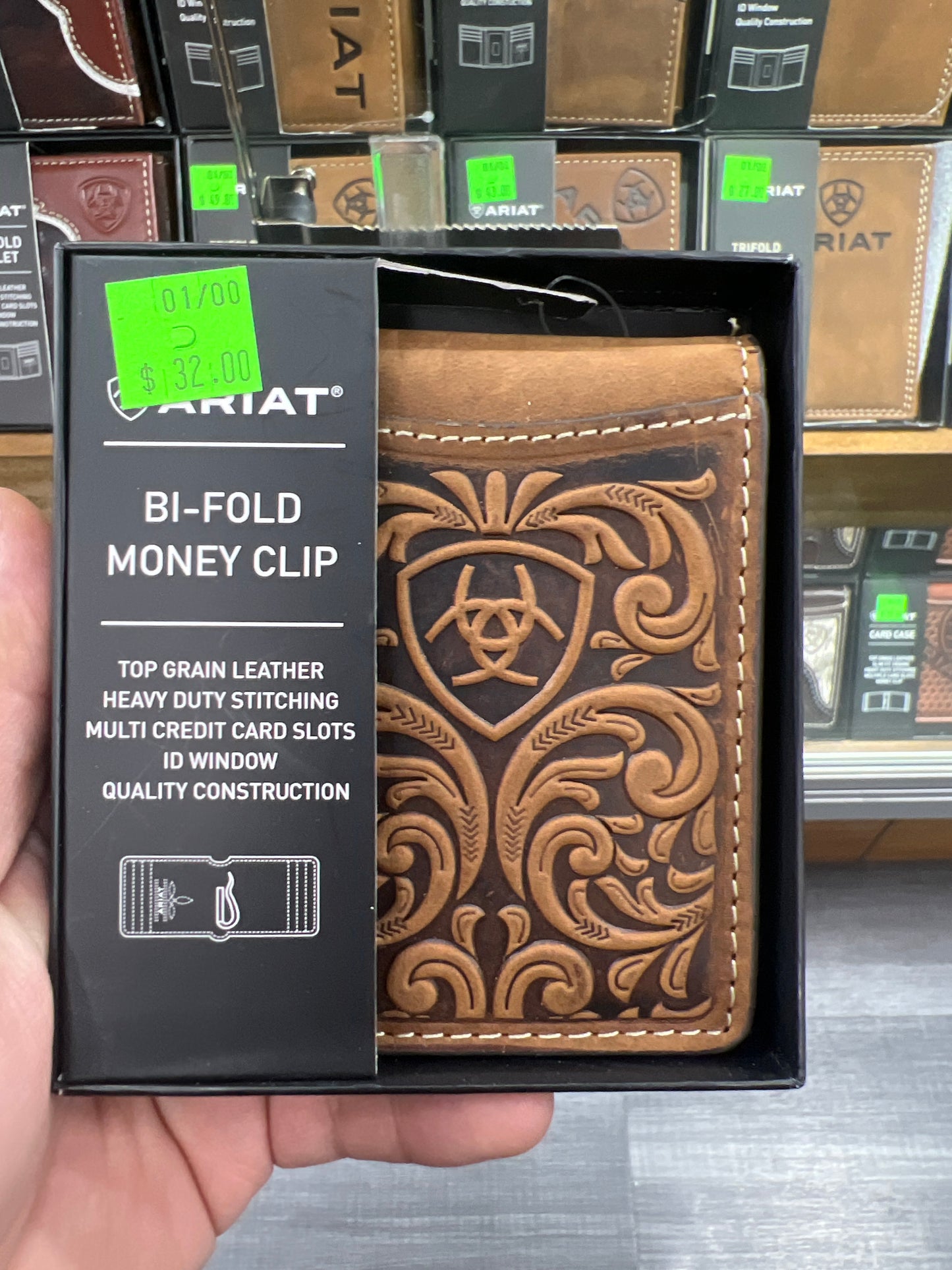 Men's Ariat Bi-Fold Money Clip Wallet - Brown Scrolling Embossed