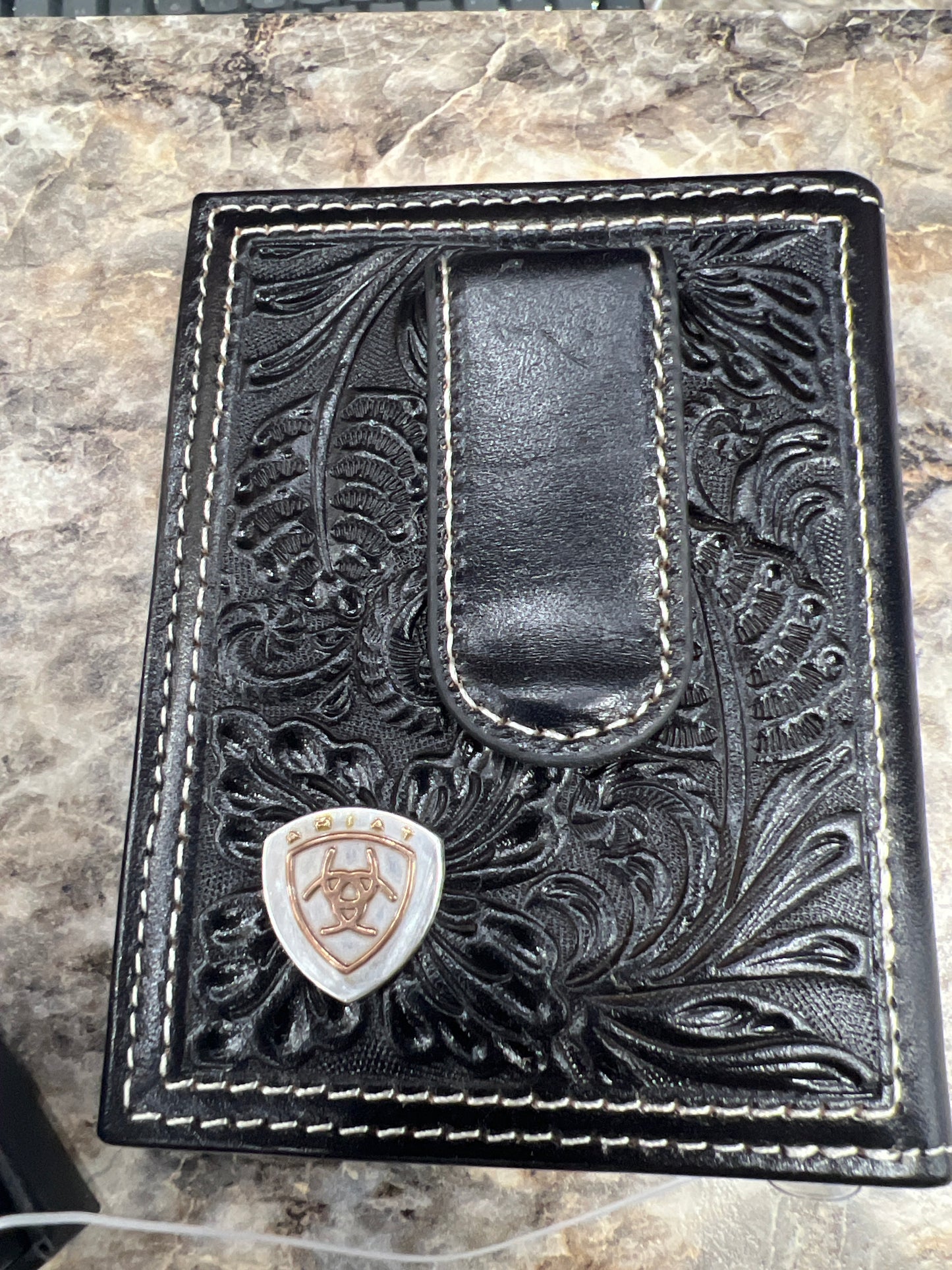 Men’s Front Pocket Bi-Fold Money Clip Wallet - Black Floral Embossed Shield