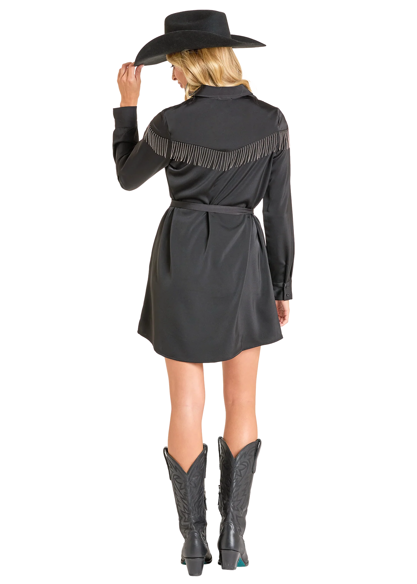 Women's Rock&Roll Denim Mini Dress with Chain Fringe - Black