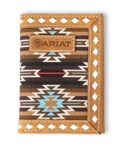 Men's Tri-Fold Wallet - Leather Fabric Logo Patch Laced Brown