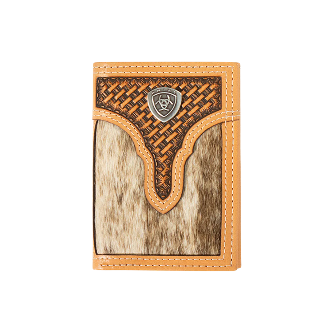 Men's Ariat Tri-Fold Wallet - Two Tone Cowhide Metal Shield Logo