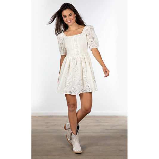 Women's Rock&Roll Denim Smoked Eyelet Dress - White