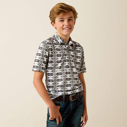 Ariat Youth All Over Print Polo - Pristine White Geo Stripe