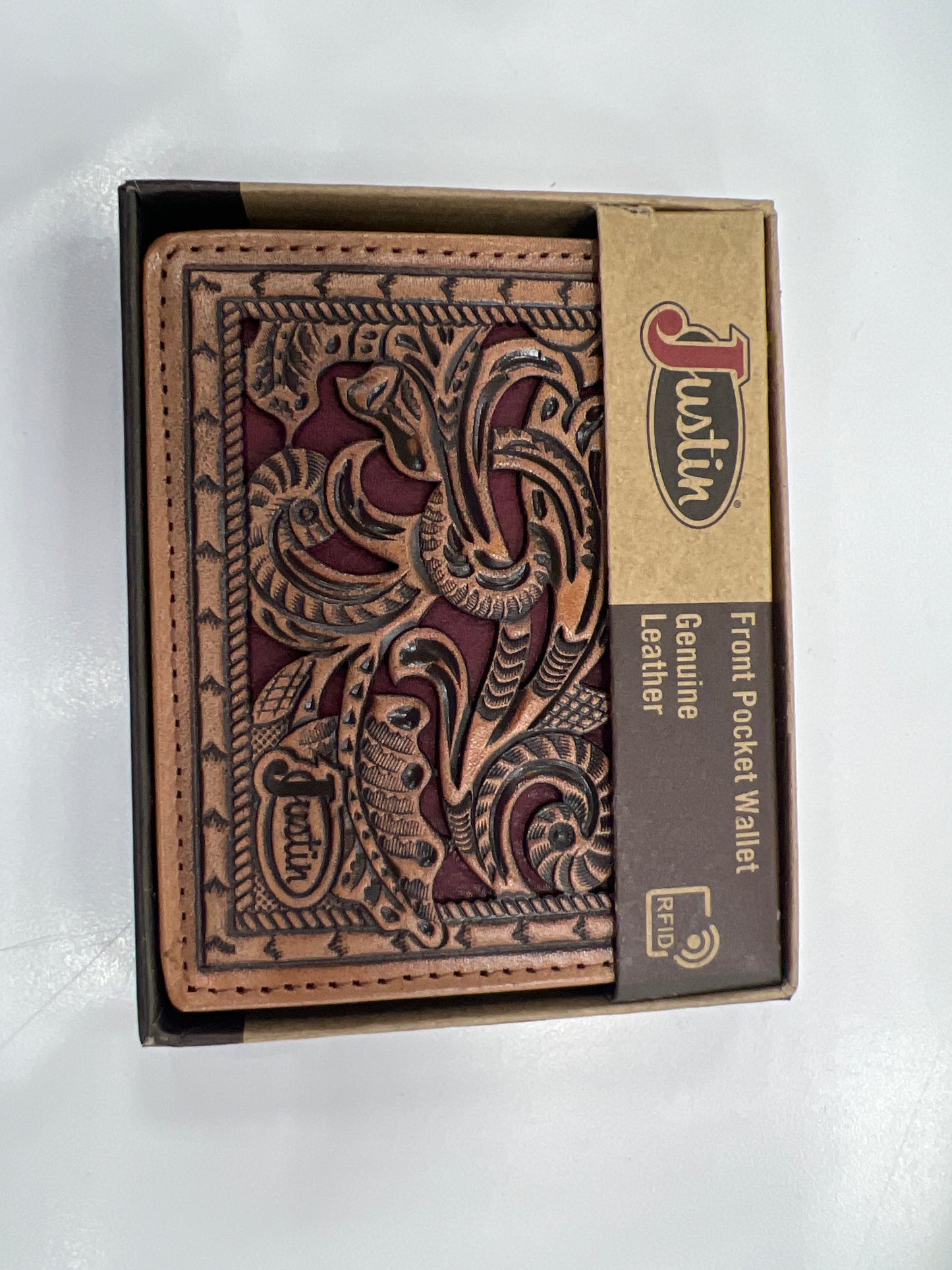 Men's JUSTIN  FRONT POCKET Wallet  - burgundy tooled
