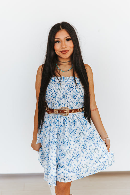Women's L&B Strapless Ruffle Romper - Light Blue Floral