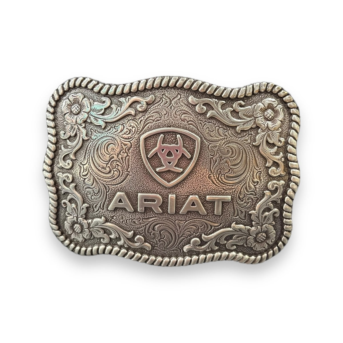 ARIAT Scalloped Oval Belt Buckle - 3.75" X 2.75", Antique Silver & Gold With Floral Scroll And Logo