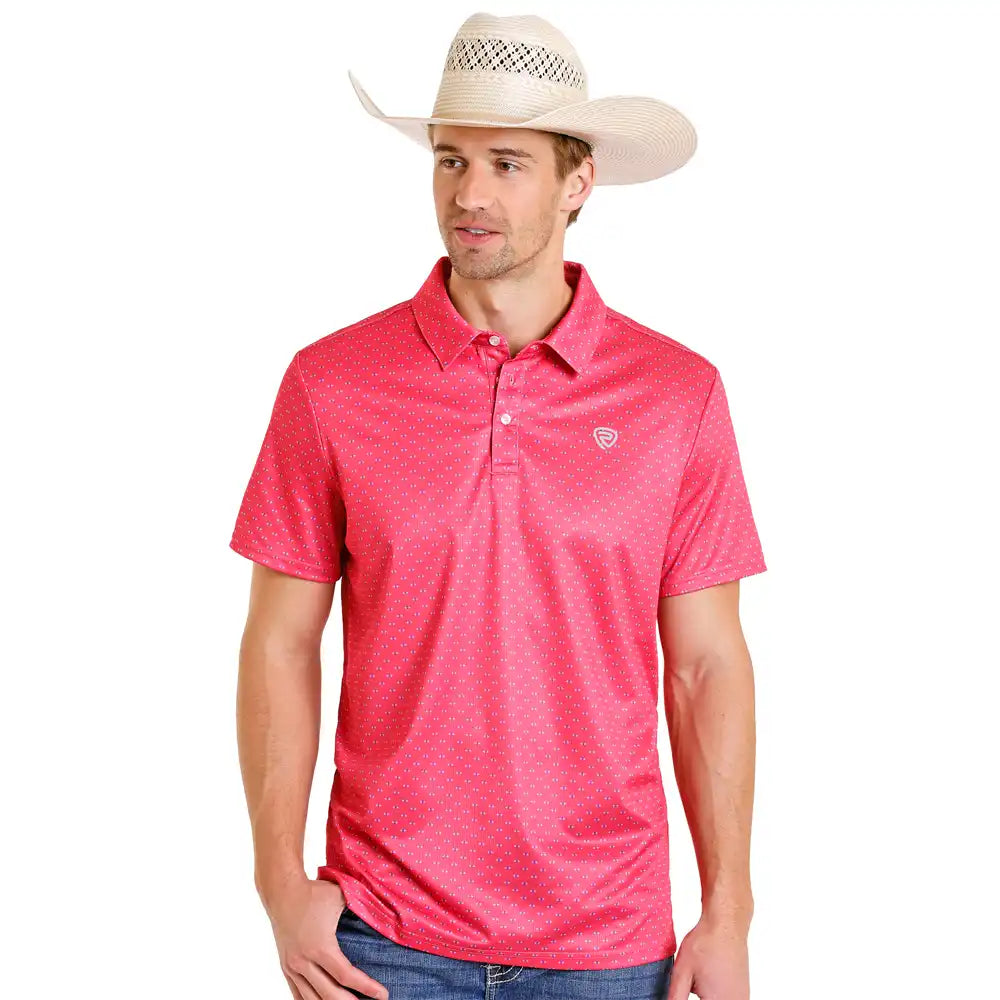 Rock&Roll Denim Geo Allover Printed Polo - Hot Pink