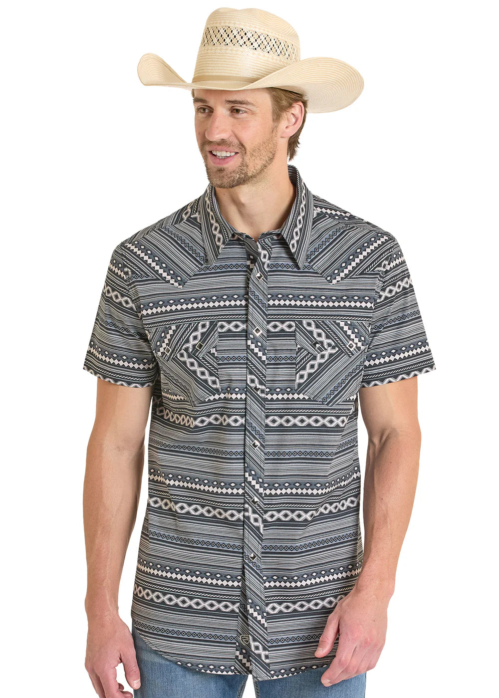 Rock&Roll Denim Aztec Printed Snap S/S - Black