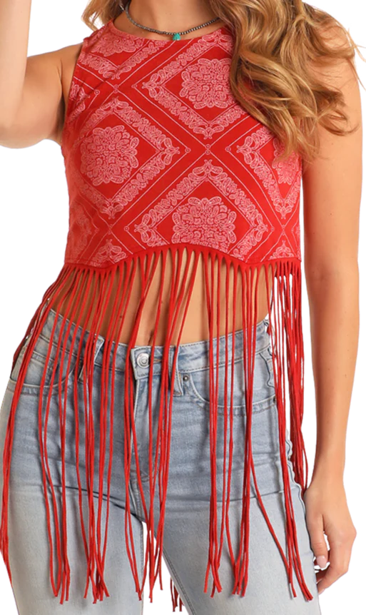 Women's Rock&Roll Denim Bandana Tank w/Fringe - Red