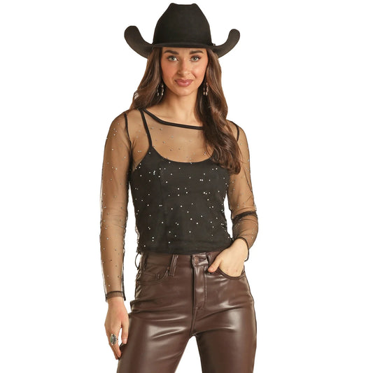 Women's Rock&Roll Denim Mesh Rhinestone Top - Black
