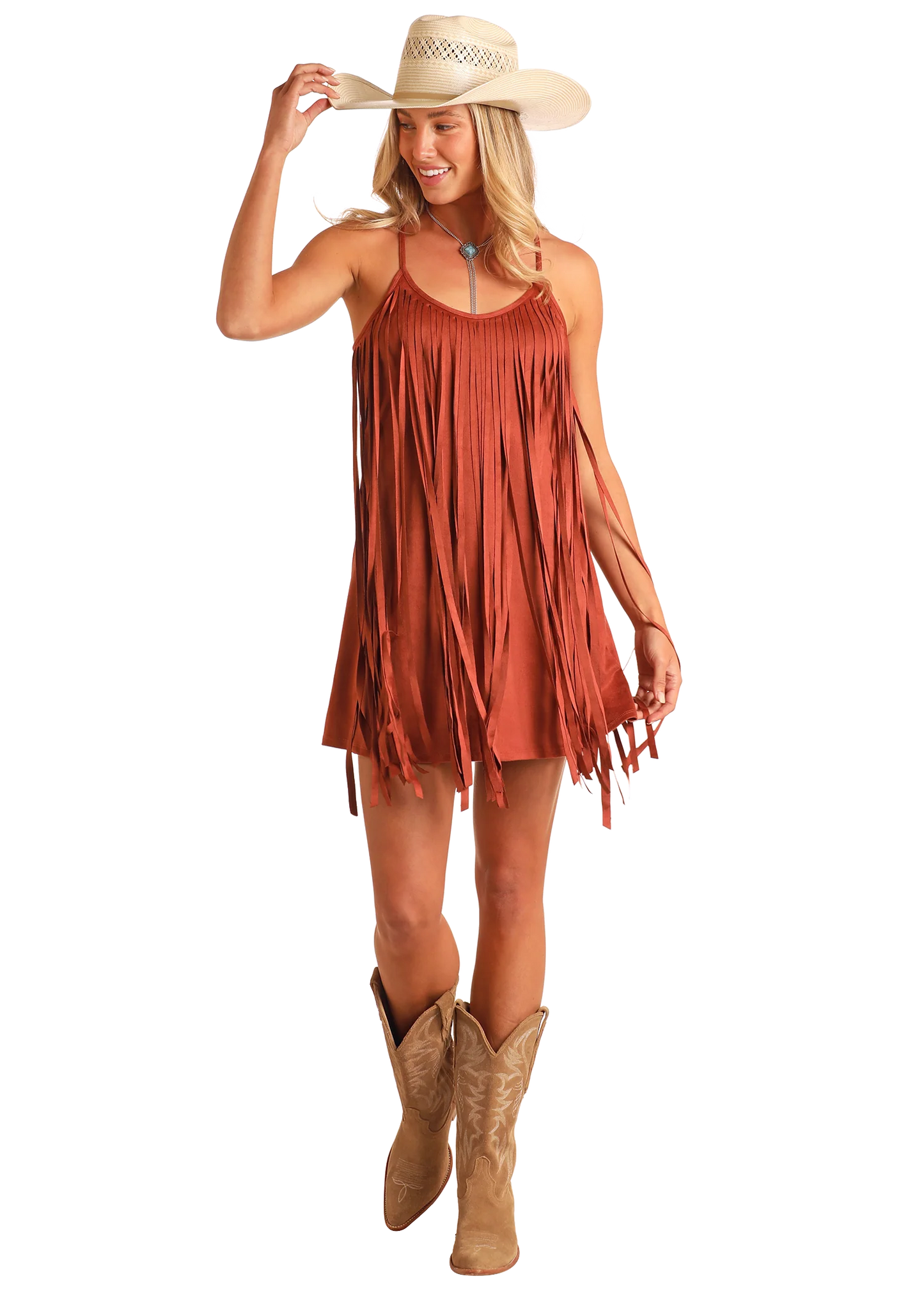 Women's Rock&Roll Denim Microsuede Fringe Dress - Camel