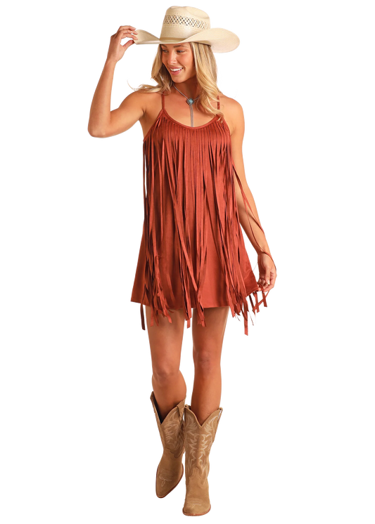Women's Rock&Roll Denim Microsuede Fringe Dress - Camel