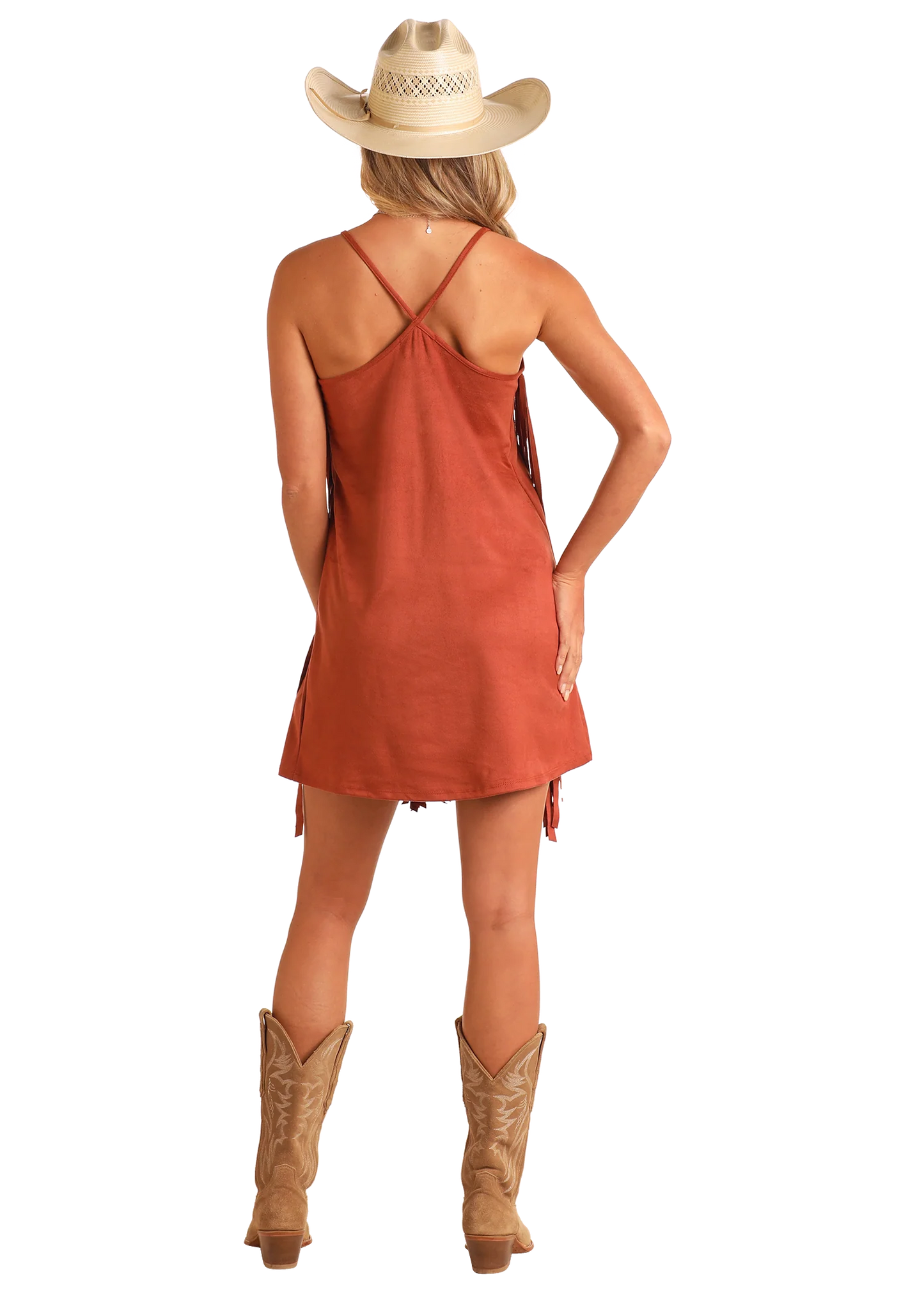 Women's Rock&Roll Denim Microsuede Fringe Dress - Camel
