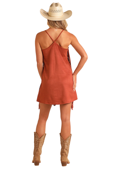 Women's Rock&Roll Denim Microsuede Fringe Dress - Camel