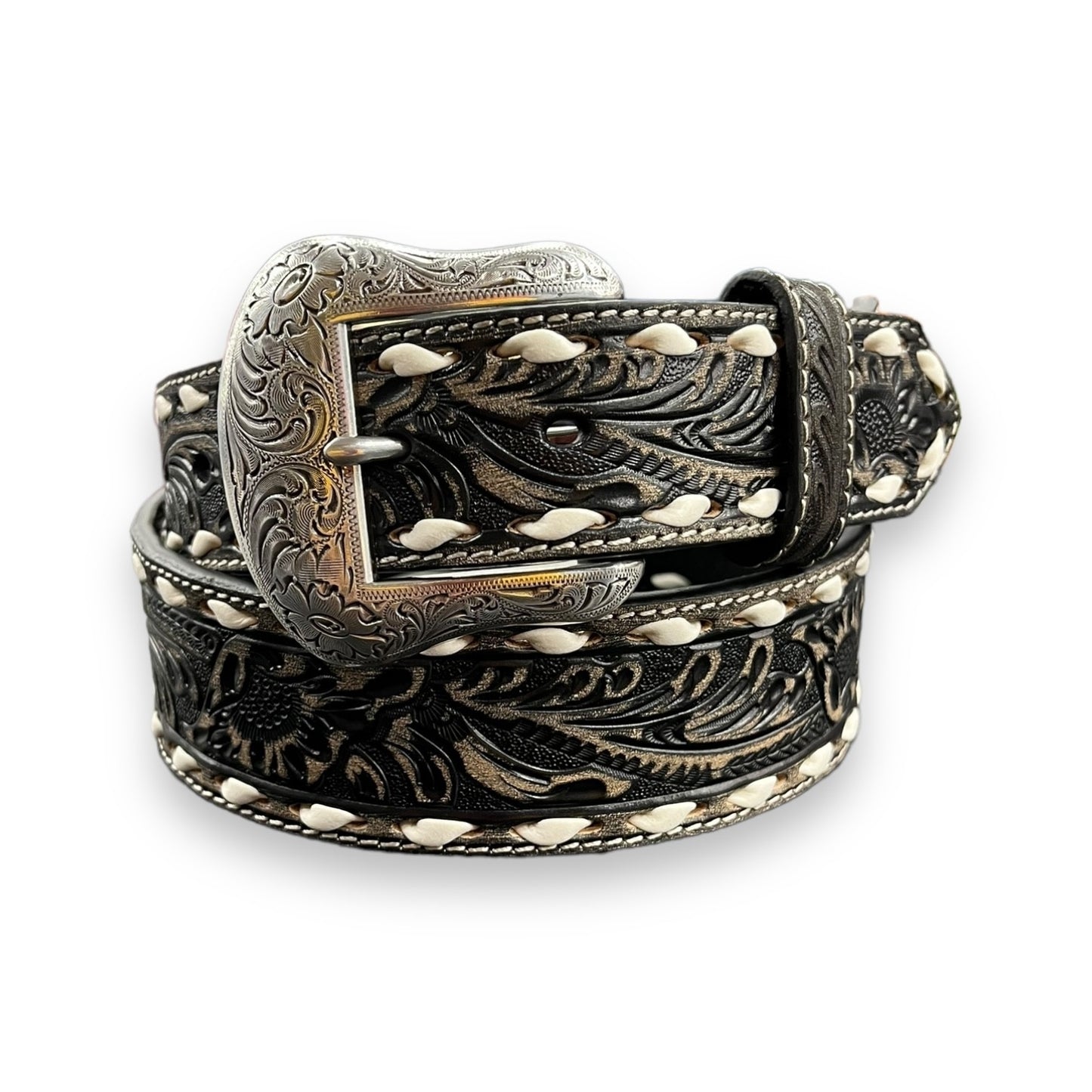 Nocona Tooled Leather Belt - Black/White