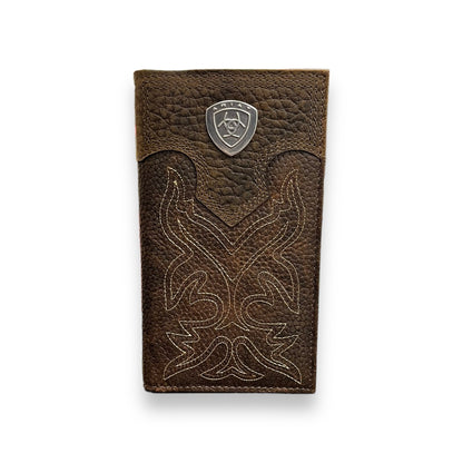 Men's Rodeo Wallet/Checkbook Cover - Dark Brown Boot Stitched Metal Shield