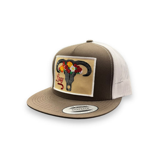 Lazy J Hat - Brown/White Skull & Flowers