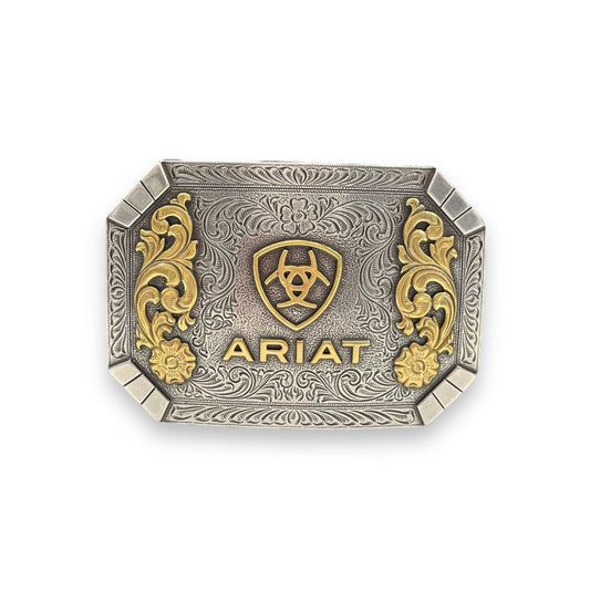 Men's Ariat Rectangle Floral Silver & Gold Emblem Buckle