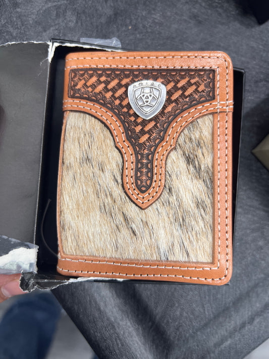 Men's Bifold Flip Wallet - Two Tone Cowhide Metal Shield Logo