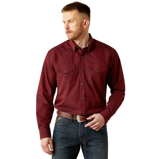 Men’s Ariat Wrinkle Free Pinpoint Oxford Fitted L/S Shirt  - Burgundy