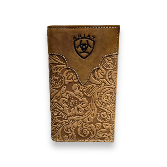 Men's Rodeo Wallet/Checkbook Cover - Brown Floral Embossed Stitch Logo