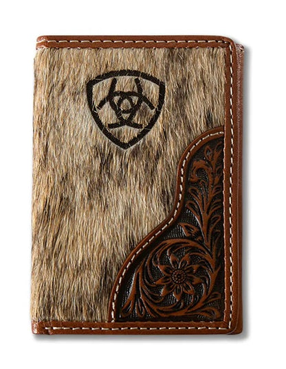 Men's Ariat Trifold Wallet - Leather Calf Hair Laser Etched Logo Brown