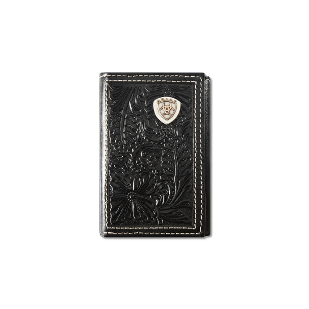Men's Tri-Fold Wallet - Black Floral Embossed Shield