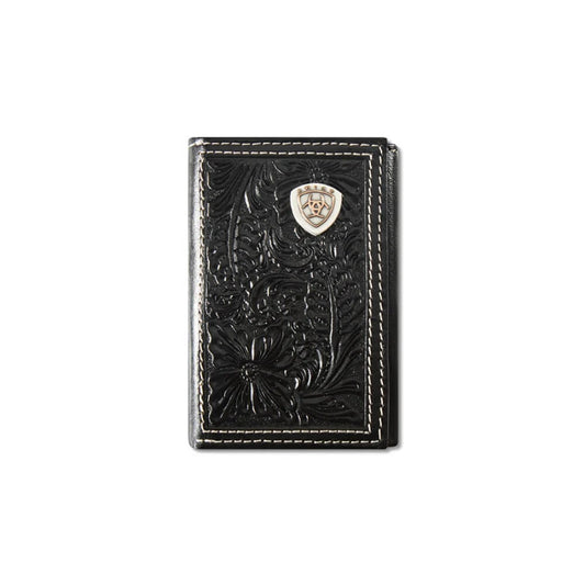 Men's Tri-Fold Wallet - Black Floral Embossed Shield