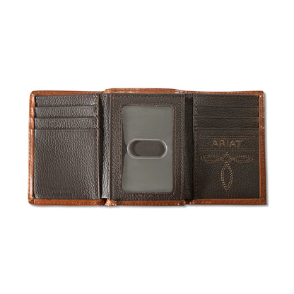 Men's Ariat Trifold Wallet - Leather Calf Hair Laser Etched Logo Brown