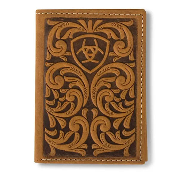 Men's Ariat Trifold Wallet - Brown Scrolling Embossed