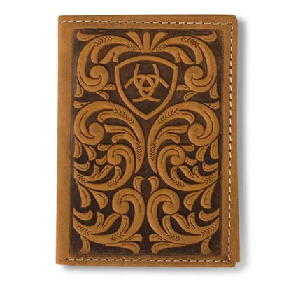 Men's Ariat Trifold Wallet - Brown Scrolling Embossed