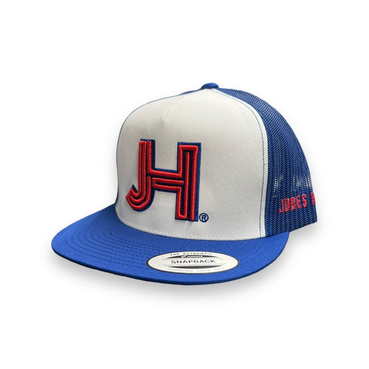 Jobes Hat - White Orange w/Blue Outline