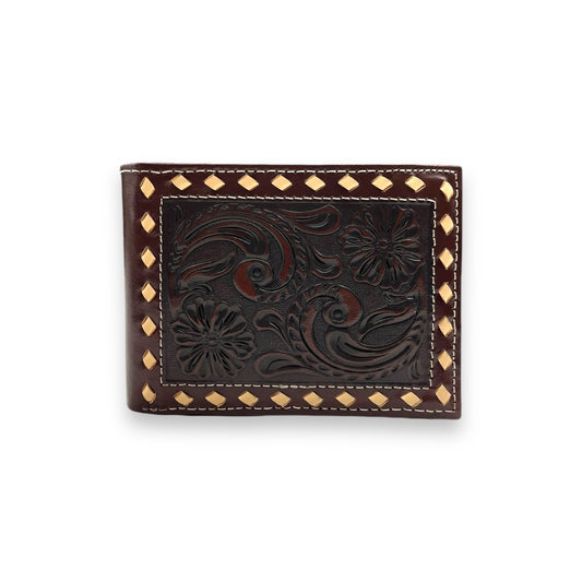 Men's Removable Passcase Wallet - Brown Floral Buck Laced Stitch