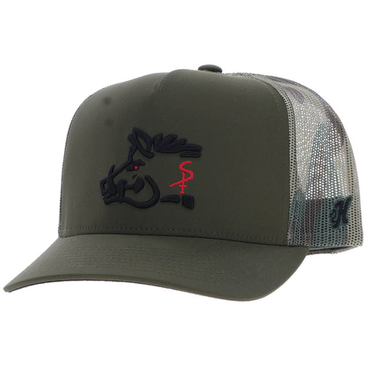 Hooey Snipe Pig Hat - Olive & Camo w/Black & Red Stitching