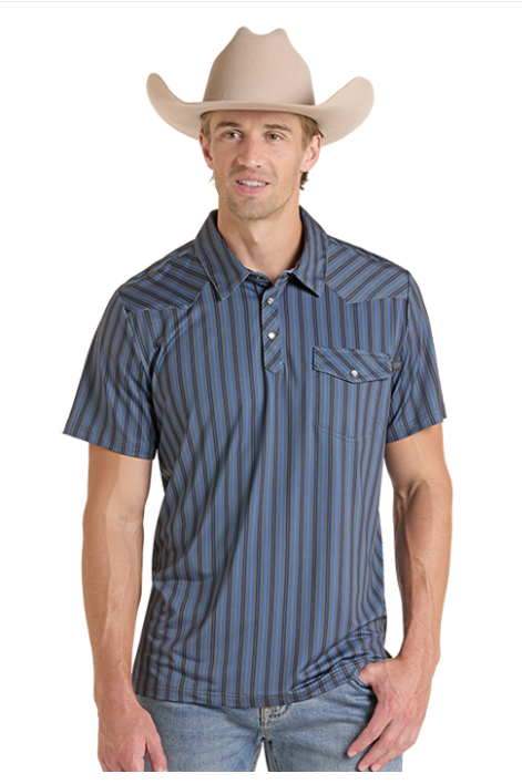 Rock&Roll Striped Western Venttek Polo - Charcoal