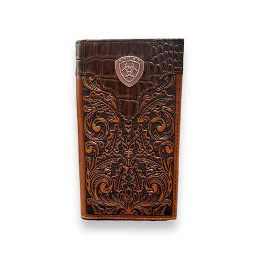 Men's Rodeo Wallet/Checkbook Cover - Two Tone Tooled Leather