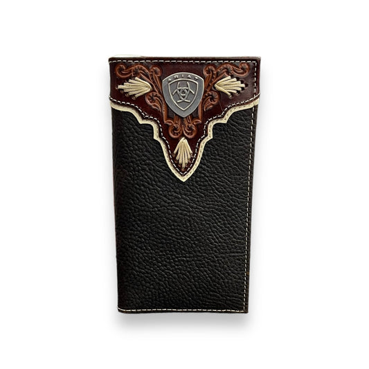 Men's Rodeo Wallet/Checkbook Cover - Two Tone Leather Tooled Metal Shield