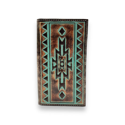 Men's Rodeo Wallet/Checkbook Cover - Turquoise Aztec Print Outline