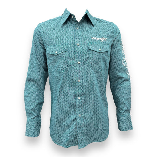 Wrangler Logo Long Sleeve Shirt SALE - Turquoise & Navy Geo Print 2384