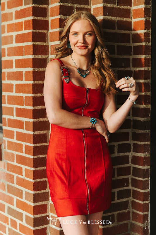 Women's L&B Buckle Strap Corset Dress - Red Suede