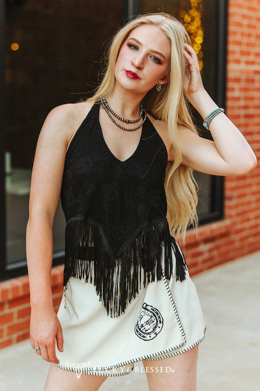 Women's L&B Lace Fringe Halter Top - Black
